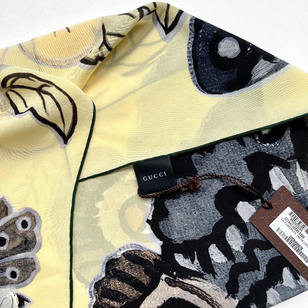 Gucci Scarf Logo Kris Knight Butterfly Flora Yellow Silk Wrap - Picture 9 of 12